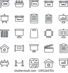 Thin Line Icon Set - fence vector, flight table, presentation board, meeting, clipboard, clapboard, sale, rooms, sold signboard, smart home, cutting, chip