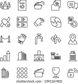 Thin Line Icon Set - fence vector, airport building, checkroom, office, growth statistic, document reload, glove, route, navigation, satellite, fragile, dialog, menu, application, meeting, estate