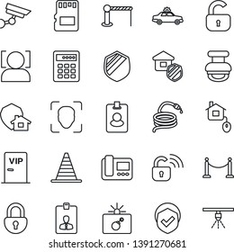 Thin Line Icon Set - fence vector, barrier, alarm car, bomb in case, border cone, identity card, hose, shield, sd, lock, face id, stamp, estate insurance, vip zone, home control, wireless, intercome