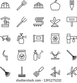 Thin Line Icon Set - fence vector, garden fork, farm, rake, wheelbarrow, well, sickle, plant label, pumpkin, greenhouse, sprayer, fertilizer, drip irrigation, windmill