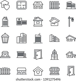 Thin Line Icon Set - fence vector, house, garden light, hospital, store, office building, with garage, plan, sweet home, city, cafe, eco, door