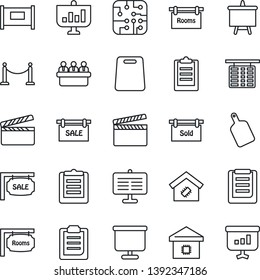 Thin Line Icon Set - fence vector, flight table, presentation board, meeting, clipboard, clapboard, sale, rooms, sold signboard, smart home, cutting, chip