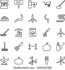 Thin Line Icon Set - fence vector, garden fork, rake, wheelbarrow, well, hoe, sickle, plant label, pumpkin, greenhouse, sprayer, fertilizer, drip irrigation, windmill