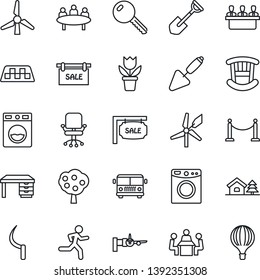 Thin Line Icon Set - fence vector, taxi, airport bus, boarding, office chair, desk, meeting, flower in pot, trowel, shovel, sickle, run, house with tree, windmill, fruit, sale, key, children room