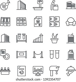 Thin Line Icon Set - fence vector, baby room, checkroom, office building, growth statistic, monitor, document reload, seedling, blood test vial, heavy scales, music, paper binder, meeting, estate