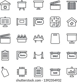 Thin Line Icon Set - fence vector, flight table, presentation board, meeting, clapboard, clipboard, sale, rooms, sold signboard, smart home, cutting, chip