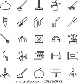 Thin Line Icon Set - fence vector, garden fork, farm, rake, well, hoe, sickle, plant label, pumpkin, greenhouse, sprayer, fertilizer, drip irrigation, windmill