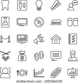 Thin Line Icon Set - fence vector, elevator, money bag, bulb, tooth, speaker, monitor, message, data exchange, compass, face id, statistics, identity card, checklist, stapler, sweet home, cook, cafe
