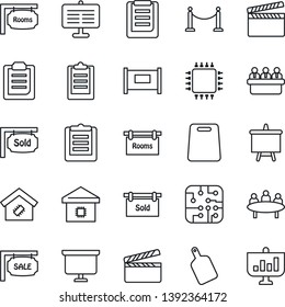 Thin Line Icon Set - fence vector, presentation board, meeting, clipboard, clapboard, sale, rooms, sold signboard, smart home, cutting, chip
