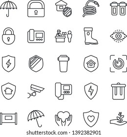 Thin Line Icon Set - fence vector, passport control, umbrella, trash bin, lock, boot, hose, heart shield, hand, protect, eye id, estate insurance, intercome, water filter, home, surveillance