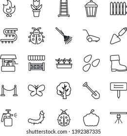 Thin Line Icon Set - fence vector, job, flower in pot, trowel, rake, ladder, tree, boot, lawn mower, butterfly, lady bug, fire, seedling, well, plant label, pumpkin, garden light, seeds, caterpillar