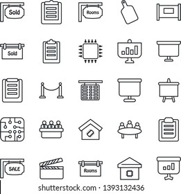 Thin Line Icon Set - fence vector, flight table, presentation board, meeting, clipboard, clapboard, sale, rooms, sold signboard, smart home, cutting, chip
