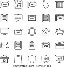 Thin Line Icon Set - fence vector, flight table, presentation board, meeting, clipboard, clapboard, sale, rooms, sold signboard, smart home, cutting, chip