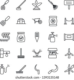 Thin Line Icon Set - fence vector, garden fork, rake, wheelbarrow, well, hoe, sickle, plant label, greenhouse, sprayer, fertilizer, drip irrigation, windmill