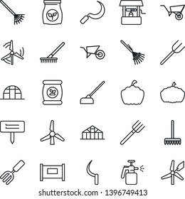 Thin Line Icon Set - fence vector, garden fork, farm, rake, wheelbarrow, well, hoe, sickle, plant label, pumpkin, greenhouse, sprayer, fertilizer, windmill