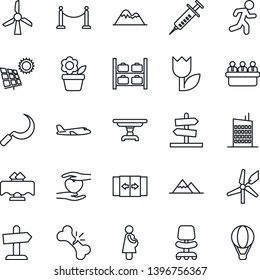 Thin Line Icon Set - fence vector, automatic door, plane, luggage storage, office chair, meeting, flower in pot, sickle, syringe, run, heart hand, broken bone, pregnancy, tulip, sun panel, mountains