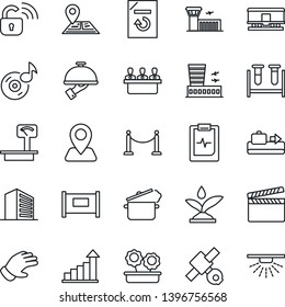 Thin Line Icon Set - fence vector, baggage conveyor, airport building, office, growth statistic, document reload, glove, blood test vial, pulse clipboard, navigation, satellite, heavy scales, music