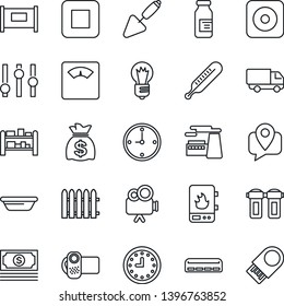 Thin Line Icon Set - fence vector, money bag, bulb, factory, trowel, thermometer, scales, ampoule, cash, mobile tracking, car delivery, clock, rack, settings, video camera, stop button, rec, bowl