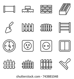 thin line icon set : fence, block wall, brick, construction, rack, watch, power socket, switch, scraper