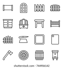 thin line icon set : fence, arch window, chest of drawers, dresser, stool, crib, cutting board, axe, wheel, barrel, hive