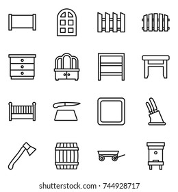 thin line icon set : fence, arch window, chest of drawers, dresser, rack, stool, crib, cutting board, knife holder, axe, barrel, trailer, hive