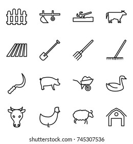 thin line icon set : fence, plow, soil cutter, cow, field, shovel, fork, rake, sickle, pig, wheelbarrow, goose, chicken, sheep, barn