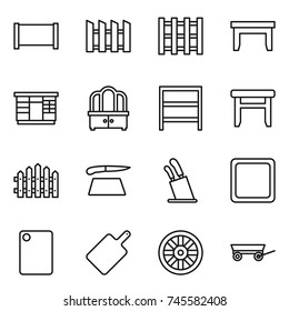 thin line icon set : fence, pallet, table, wardrobe, dresser, rack, stool, cutting board, stands for knives, wheel, trailer