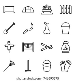thin line icon set : fence, greenhouse, flower bed, shovel, sickle, pear, bucket, scarecrow, farm, pruner, fertilizer, rake, gloves
