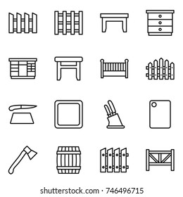 thin line icon set : fence, pallet, table, chest of drawers, wardrobe, stool, crib, cutting board, knife holder, axe, barrel, farm