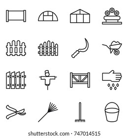thin line icon set : fence, greenhouse, flower bed, sickle, wheelbarrow, scarecrow, farm, sow, pruner, rake, bucket
