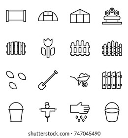 thin line icon set : fence, greenhouse, flower bed, perishable, seeds, shovel, wheelbarrow, bucket, scarecrow, sow