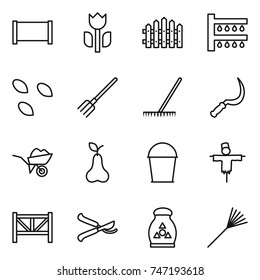 thin line icon set : fence, perishable, watering, seeds, fork, rake, sickle, wheelbarrow, pear, bucket, scarecrow, farm, pruner, fertilizer