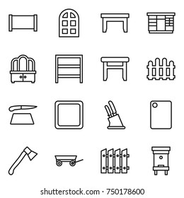 thin line icon set : fence, arch window, table, wardrobe, dresser, rack, stool, cutting board, knife holder, axe, trailer, hive