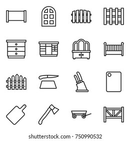 thin line icon set : fence, arch window, pallet, chest of drawers, wardrobe, dresser, crib, cutting board, knife holder, axe, trailer, farm