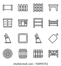 thin line icon set : fence, pallet, table, chest of drawers, wardrobe, rack, crib, stands for knives, cutting board, knife holder, wheel, barrel, farm