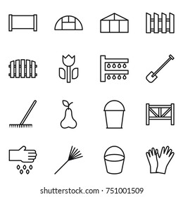 thin line icon set : fence, greenhouse, perishable, watering, shovel, rake, pear, bucket, farm, sow, gloves