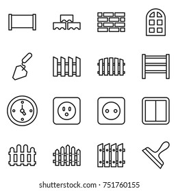 thin line icon set : fence, block wall, brick, arch window, construction, rack, watch, power socket, switch, scraper