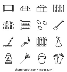 thin line icon set : fence, greenhouse, watering, seeds, shovel, rake, sickle, pear, fertilizer, bucket, gloves