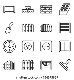 thin line icon set : fence, block wall, brick, construction, rack, watch, power socket, switch, farm, scraper
