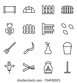 thin line icon set : fence, greenhouse, perishable, watering, seeds, fork, sickle, pear, bucket, scarecrow, pruner, fertilizer, rake
