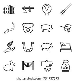thin line icon set : fence, plow, sheep, fork, sickle, pig, wheelbarrow, harvest, horseshoe, harvester, rabbit, farm, sow, fertilizer