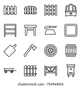 thin line icon set : fence, pallet, dresser, rack, stool, cutting board, axe, wheel, barrel, trailer, farm, hive