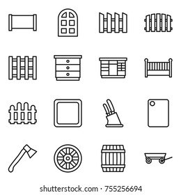 thin line icon set : fence, arch window, pallet, chest of drawers, wardrobe, crib, cutting board, knife holder, axe, wheel, barrel, trailer