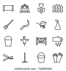 Thin line icon set : fence, flower bed, perishable, fork, sickle, wheelbarrow, pear, bucket, scarecrow, farm, sow, pruner, rake, gloves