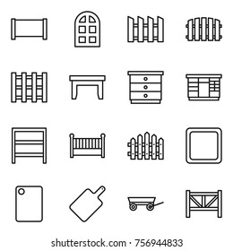 Thin line icon set : fence, arch window, pallet, table, chest of drawers, wardrobe, rack, crib, cutting board, trailer, farm