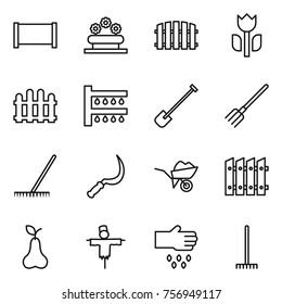 Thin line icon set : fence, flower bed, perishable, watering, shovel, fork, rake, sickle, wheelbarrow, pear, scarecrow, sow