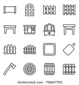 Thin line icon set : fence, arch window, pallet, table, wardrobe, dresser, stool, cutting board, axe, wheel, barrel