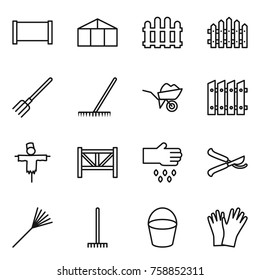 Thin line icon set : fence, greenhouse, fork, rake, wheelbarrow, scarecrow, farm, sow, pruner, bucket, gloves