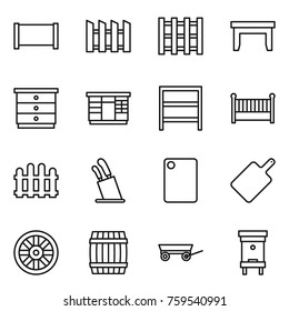 Thin line icon set : fence, pallet, table, chest of drawers, wardrobe, rack, crib, stands for knives, cutting board, wheel, barrel, trailer, hive