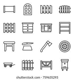 Thin line icon set : fence, arch window, pallet, chest of drawers, wardrobe, rack, stool, cutting board, axe, wheel, trailer, farm, hive